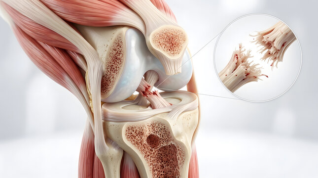 Medical illustration of a torn anterior cruciate ligament showing knee joint anatomy and injury detail