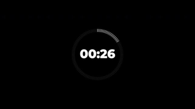 White digital countdown timers display fast ticking seconds on a black background. these simple watch interfaces show precise time tracking with circles.