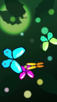 Neon dragonflies and butterflies flying in dark green forest with glowing bokeh lights