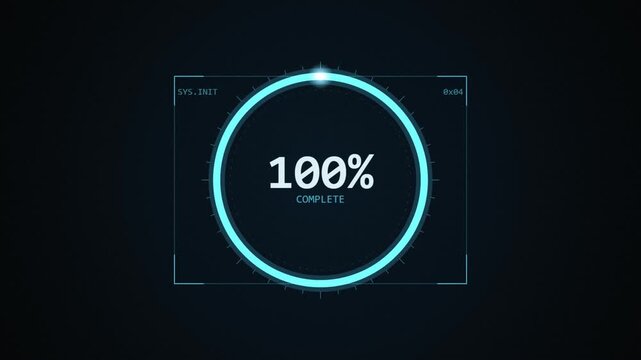 Futuristic loading circle with 100% complete text, cyan glowing HUD progress bar, digital technology interface animation