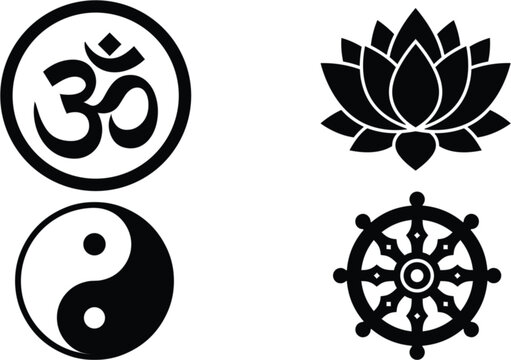 Spiritual and eastern philosophy icon vector set featuring traditional black and white Om symbol lotus flower yin yang and dharmachakra wheel elements