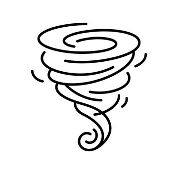 A minimal linear vector illustration representing a powerful swirling tornado weather icon featuring clean black strokes on a white background