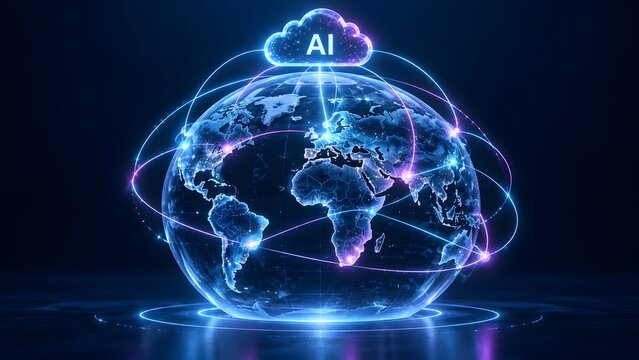 Futuristic digital Earth globe with glowing lines of global network connectivity and a cloud computing artificial intelligence AI icon on top representing global digital transformation.