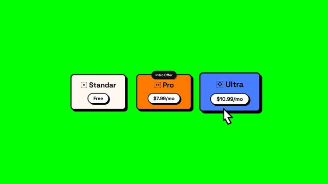 Pricing table user interface design with standard professional and premium subscription plans on green screen background for website mockup