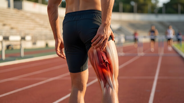 Athlete holding injured hamstring muscle on running track during outdoor sports training session