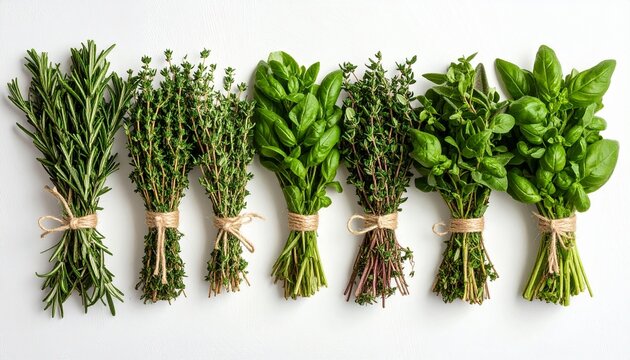Fresh Aromatic Herbs Bunches on White Background.