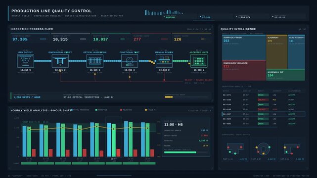 Cinematic industrial production dashboard visualizing hourly yield, quality inspection flows, defect classification treemaps, and real-time manufacturing data in a dark 4K enterprise interface.