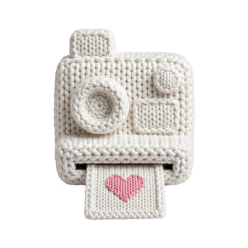 Knitted Camera with Heart Print: A charming, handcrafted camera made of white yarn, featuring a pink heart printed on a small photo emerging from the slot, symbolizing love and creativity.