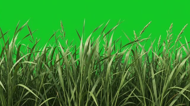 Green grass swaying in gentle breeze against bright green screen