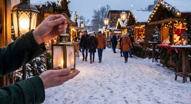 Hands holding a glowing lantern at a snowy winter solstice festival