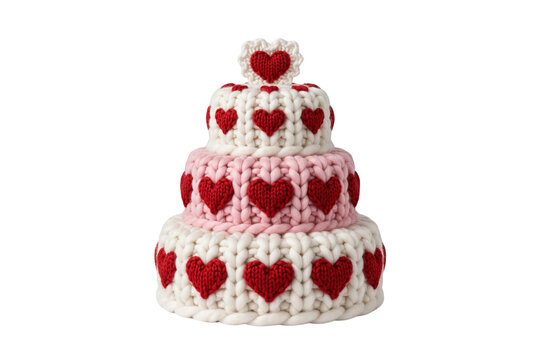 Knitted Heart Cake: A charming three-tiered cake, handcrafted with knitted yarn, adorned with a repeating pattern of red hearts and topped with a delicate heart embellishment.