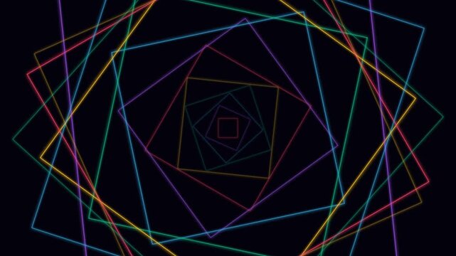 Vibrant multicolored geometric square frames creating an abstract digital tunnel on dark background