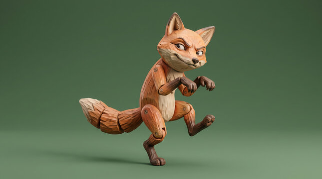 Wooden fox character sneaking on tiptoe with sly expression.