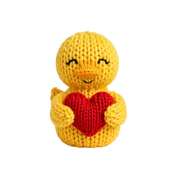 Knitted Chick with Heart: A charming, hand-knitted yellow chick cradles a bright red heart, its eyes closed in a sweet, contented smile, radiating warmth and affection.