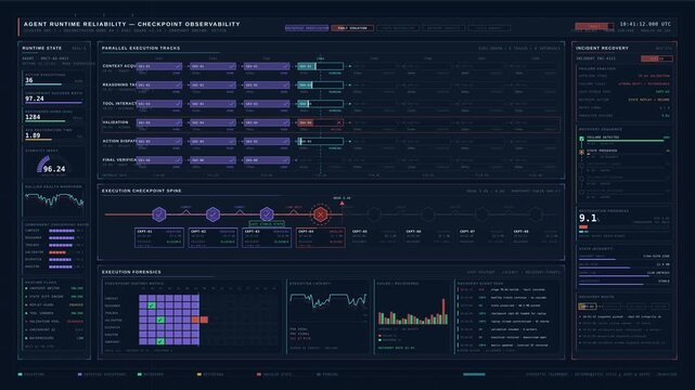 Cinematic 4K AI agent monitoring dashboard with execution checkpoints, recovery progress, and diagnostic visualizations on a dark blue background for commercial creative technology and business use.