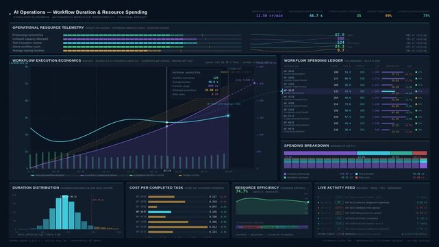 Enterprise AI operations dashboard visualizing workflow duration, resource spending trends, compute allocation, and operational efficiency metrics in a sophisticated dark mode interface.