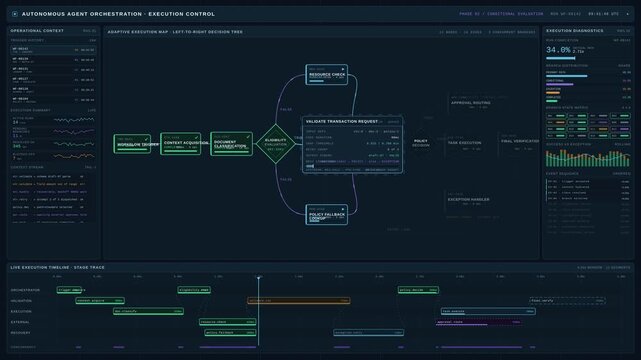 Cinematic autonomous agent workflow dashboard featuring decision branches, execution status, and real-time operational diagnostics in 4K for commercial creative technology and business use.