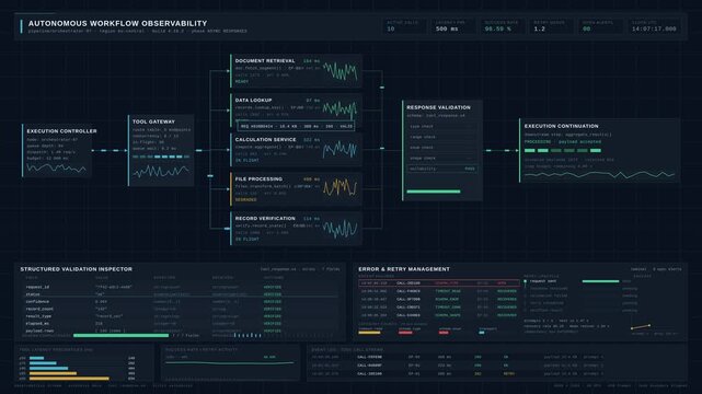 4K autonomous workflow observability dashboard monitoring external tool calls, response validation, and schema error alerts in a dark enterprise interface.
