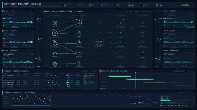4K UI animation of an enterprise multi-agent coordination dashboard tracking shared tasks, dependency resolution, and resource conflicts in a dark blue interface.