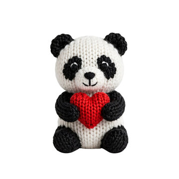 Knitted Panda Holding Heart: A charming knitted panda toy, with its iconic black and white markings, sits adorably while embracing a bright red knitted heart, symbolizing love and affection.
