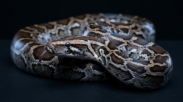 Magnificent Burmese python resting with coiled body and wet scales while flicking its forked tongue outward against a dark background in close studio lighting during wildlife photography session