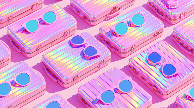 seamless pattern of pink suitcases and sunglasses, summer vacation backgrounds