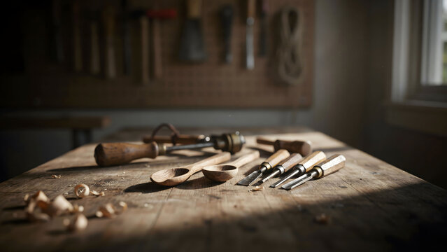 A rustic wooden workbench cluttered with handmade spoons, carving tools, chisels, and wood shavings in a bright, sunlit artisan workshop
