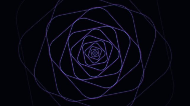 Abstract purple quantum string particle tunnel with rotating geometric spiral lines on dark background