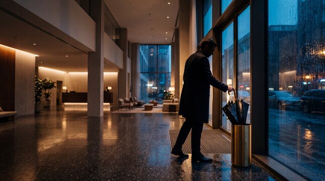 Placing Wet Umbrella into Sleek Stand in Grand Modern Rainy Foyer