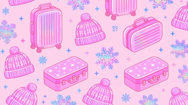 Pink Winter Travel Seamless Pattern with Suitcases, Knit Beanies, Snowflakes and Pastel Holiday Background