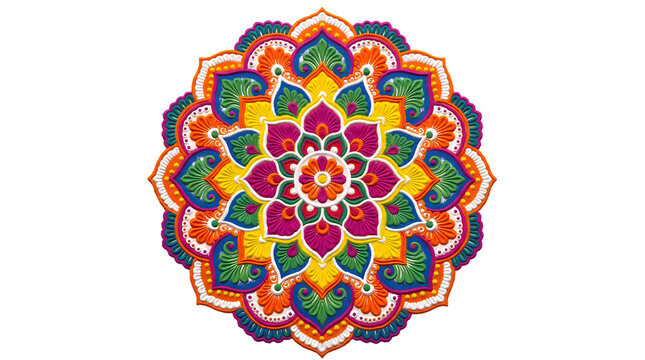 Colorful circular mandala rangoli design with intricate floral patterns isolated on transparent background