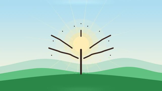 Pixel art animation of growing tree on green hills landscape with sun rays