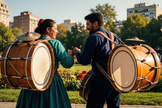 Chilean chinchineros couple performs traditional cueca dance in city park. Man, woman carry large bass drums on backs. Musicians dance joyfully outdoors with folk instruments. Energetic street
