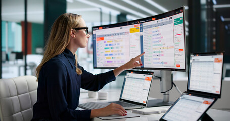Fototapeta na wymiar Electrician Carefully Schedules Service Orders Using Dual Monitors