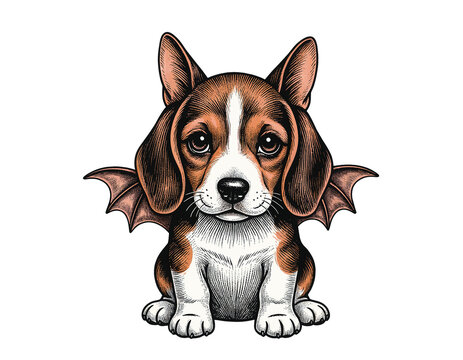 Vintage Copperplate Engraving Beagle Puppy Halloween Bat Costume Vector Illustration