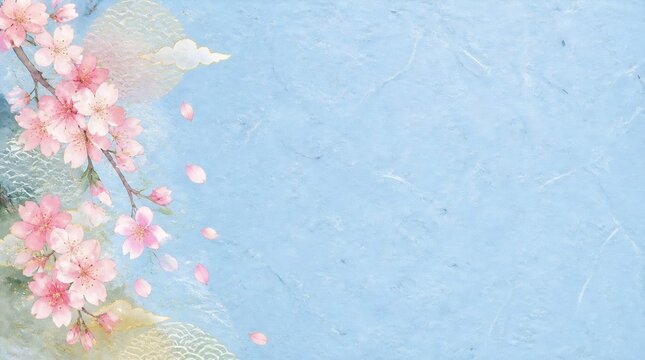 青い和紙地に丸窓文様とピンクの水彩桜が爽やかに映える春の和モダン背景素材