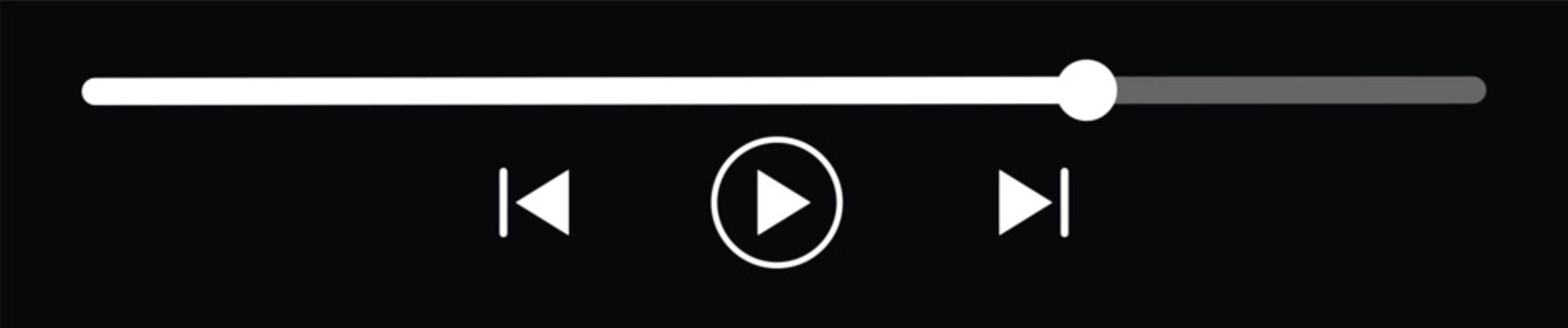 Media player control icon features a slider and play pause skip buttons on a black background playback interface element navigation digital audio timeline progress bar