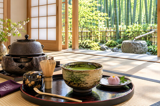 Traditional Japanese Matcha Tea Set in a Bright Tea Room Overlooking a Bamboo Garden