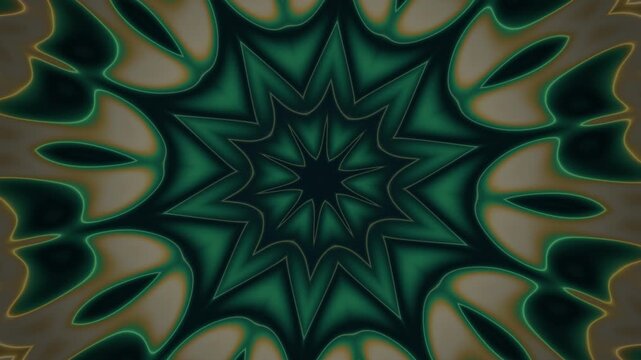 Rotating kaleidoscope mandala pattern in emerald and gold loop