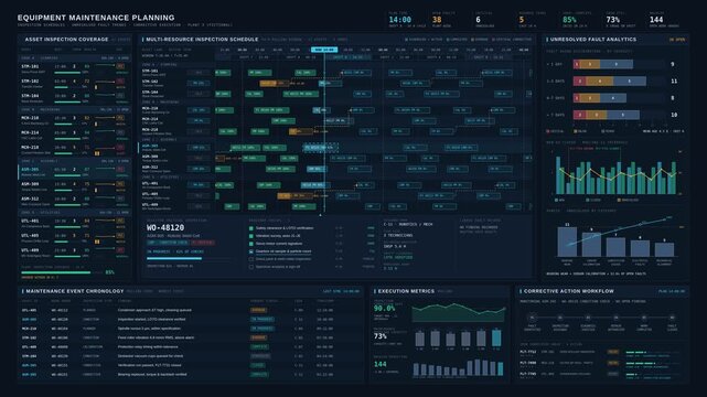 4K Equipment Maintenance Dashboard animation showing inspection schedules, unresolved fault trends, and corrective workflows on a dark industrial interface with cyan and amber accents.