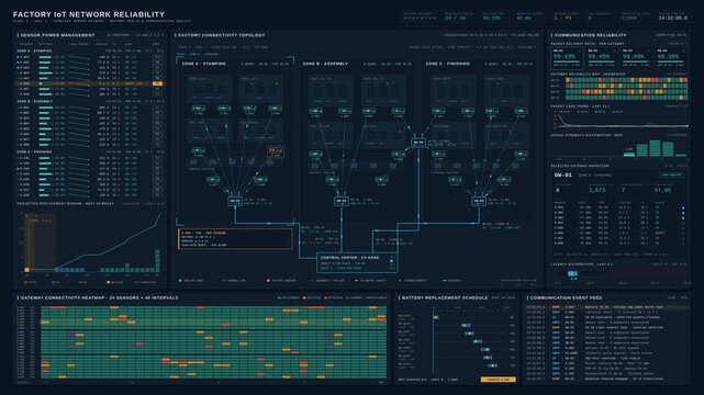 Premium industrial IoT dashboard visualizing factory sensor battery levels, network topology, and communication reliability with dynamic telemetry animations.