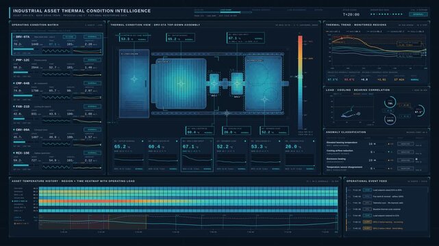 Premium 4K industrial asset dashboard visualizing thermal anomalies, equipment condition changes, and maintenance alerts with dark interface and vector graphics.