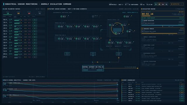 Dark industrial sensor dashboard visualizing factory network, live telemetry, threshold breaches, and anomaly escalation paths with technical UI elements.