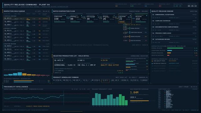 Cinematic 4K manufacturing quality release dashboard visualizing batch inspection holds, approval workflows, and production decisions with animated data flow and industrial interface design.