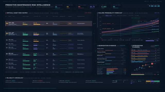 Advanced predictive maintenance risk intelligence dashboard ranking industrial assets by failure probability, remaining useful life, and maintenance priority in 4K.