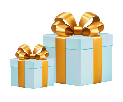 Luxury blue gift boxes with gold ribbon bow isolated on transparent background