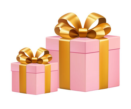 Luxury pink gift boxes with gold ribbon bow isolated on transparent background