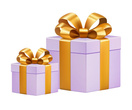 Luxury purple gift boxes with gold ribbon bow isolated on transparent background