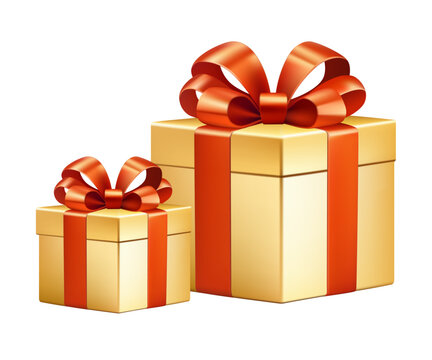 Luxury burgundy gold gift boxes with red ribbon bow isolated on transparent background