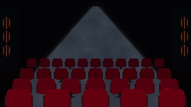 Pixel art cinema auditorium with red seats and projector light beam